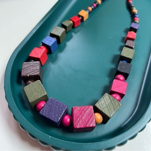 Funky Vintage Whimsical Rainbow Wooden Cube Handmade One of a Kind Necklace - Picture 1 of 7